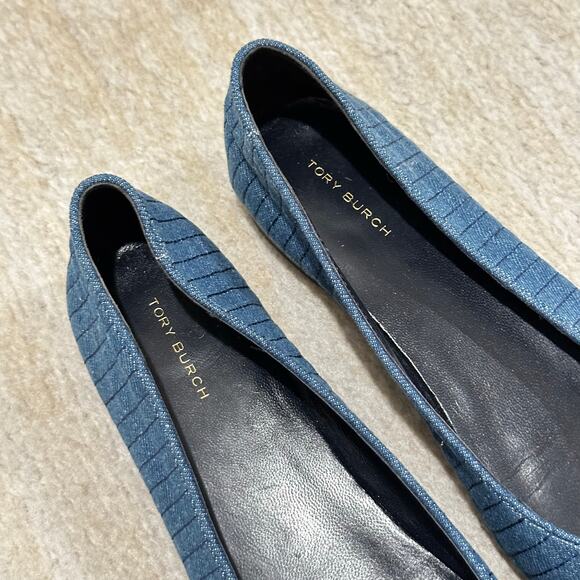 Tory Burch Leather & Quilted Denim Cap-Toe Ballet Flats in Blue Size 8 - Picture 3 of 7